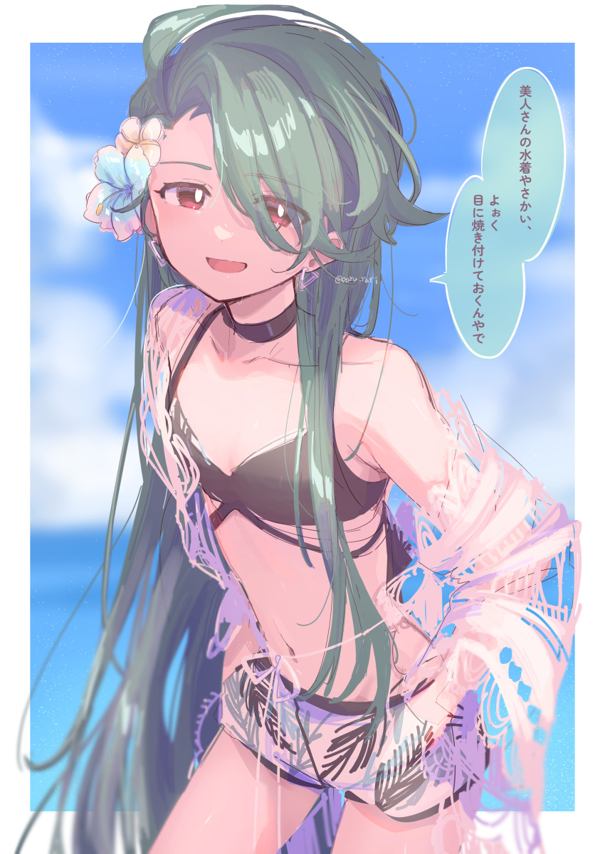 1girl, absurdres, bikini, black_bikini, black_choker, choker, commentary_request, cowboy_shot, earrings, flat_chest, flower, green_hair, hair_down, hair_flower, hair_ornament, hands_in_pockets, highres, jewelry, long_hair, navel, nintendo, open_mouth, pokemon, pokemon_scarlet_and_violet, red_eyes, rika_(pokemon), see-through_clothes, see-through_shirt, serizawa_serizane, shirt, short_shorts, shorts, skinny, smile, solo, swimsuit, translation_request, twitter_username, very_long_hair, white_shorts