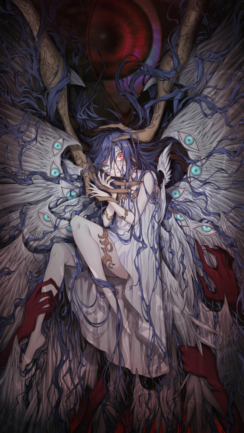 1girl, angel_wings, armlet, barefoot, blue_eyes, chocolate4170615, claws, cracked_skin