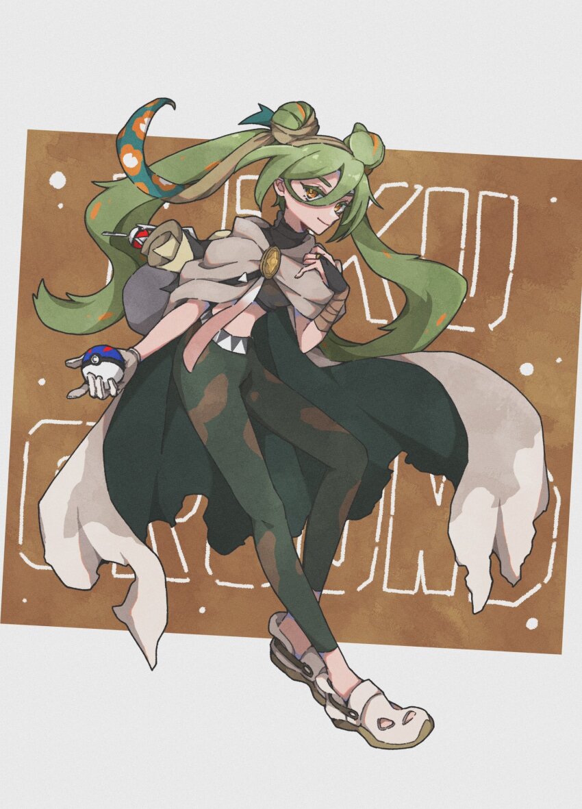 1girl, bandaged_arm, bandages, cape, crocs, crop_top, domidomi444, double_bun, gloves, great_ball, green_hair, ground_miku_(project_voltage), hair_between_eyes, hair_bun, hatsune_miku, highres, long_hair, looking_at_viewer, midriff, nintendo, orange_eyes, pants, poke_ball, pokemon, project_voltage, single_glove, smile, twintails, very_long_hair, vocaloid