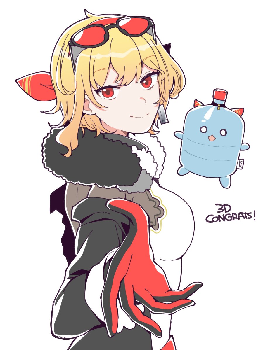 1girl, blonde_hair, bottle, earrings, eyewear_on_head, foreshortening, galon_(kaela_kovalskia), gloves