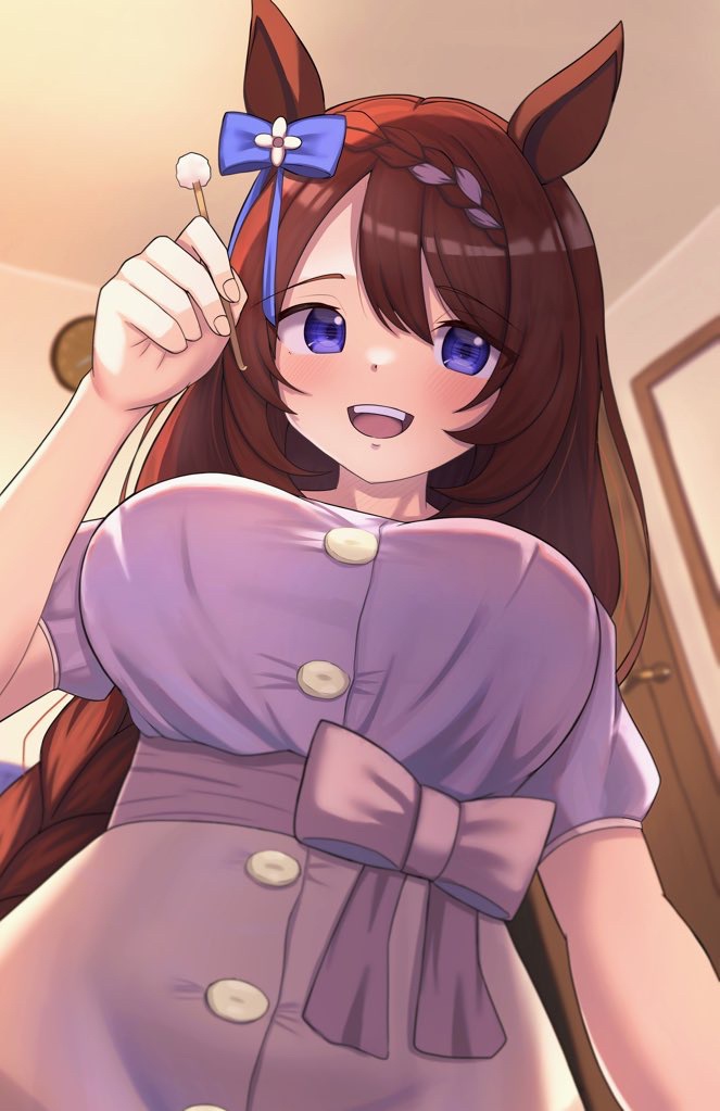 1girl, animal_ears, asmr, blue_eyes, blush, bow, braid, breasts, brown_hair, ear_bow, ear_cleaning, hi_ch_mng, horse_ears, horse_girl, large_breasts, long_hair, low-braided_long_hair, low-tied_long_hair, mimikaki, super_creek_(umamusume), umamusume