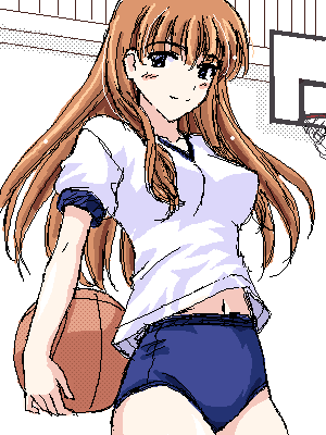 00s, 1girl, anegasaki_tae, ball, basketball, basketball_(object), blue_buruma, blue_eyes, blunt_bangs, blush, breasts, brown_hair, buruma, covered_erect_nipples, cowboy_shot, female_focus, gym_uniform, large_breasts, light_smile, long_hair, lowres, masakichi_(crossroad), midriff_peek, navel, oneesan, school_nurse, school_rumble, shirt, smile, solo, standing, teacher, thighs, white_shirt