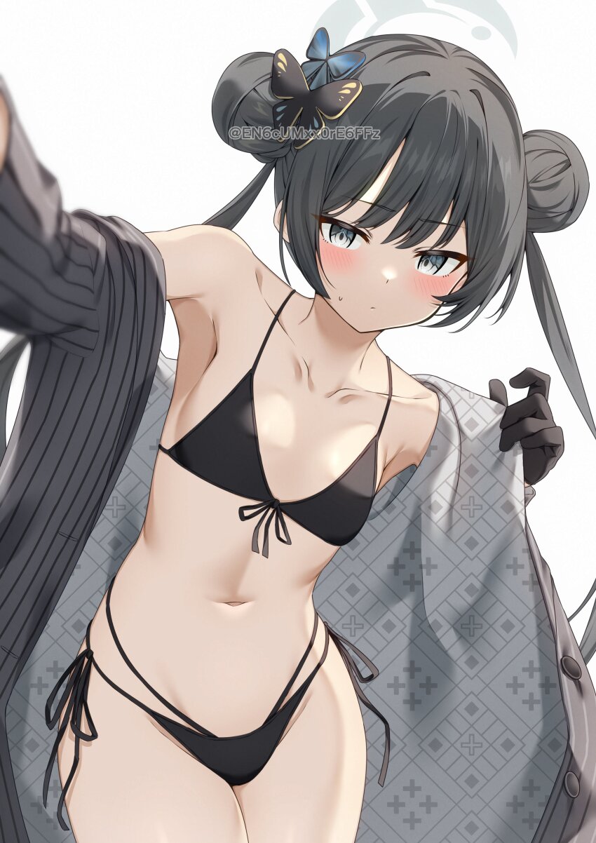 1girl, absurdres, alternate_costume, bare_shoulders, bikini, black_bikini, black_eyes, black_gloves