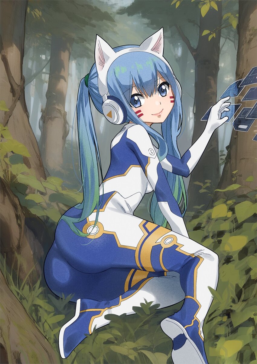 1girl, animal_ear_headphones, animal_ears, ass, blue_bodysuit, blue_eyes, blue_hair, bodysuit