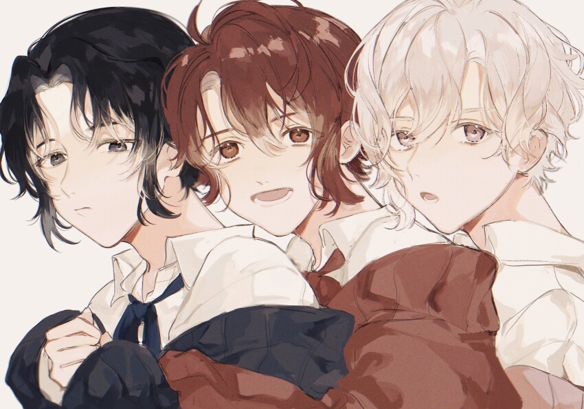 3boys, absurdres, awase01, black_hair, blonde_hair, blue_jacket, blue_necktie, brothers