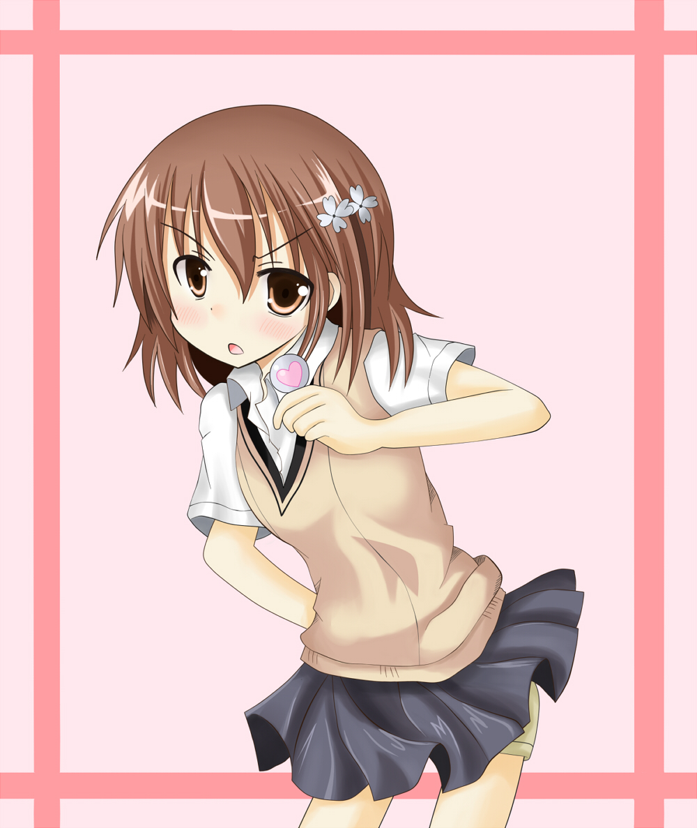 1girl, blush, brown_eyes, brown_hair, coin, female_focus, hair_ornament, hairclip, heart, misaka_mikoto, osa@, school_uniform, shorts, skirt, solo, sweater_vest, toaru_majutsu_no_index