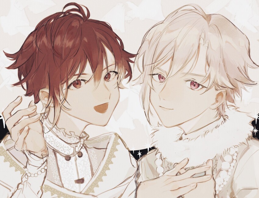 2boys, absurdres, awase01, blonde_hair, brothers, closed_mouth, grey_background, grey_jacket