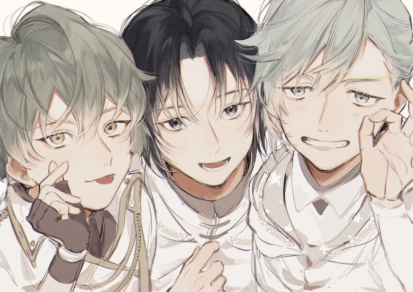 3boys, absurdres, awase01, black_eyes, black_hair, blush, brown_eyes, finger_heart