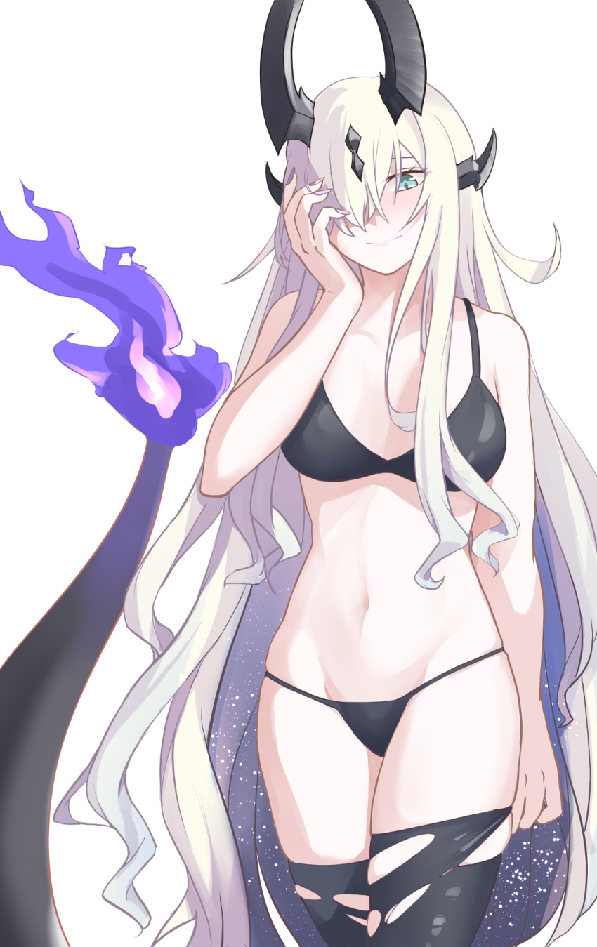 1girl, arknights, bare_arms, bare_shoulders, bikini, black_bikini, black_thighhighs, blonde_hair