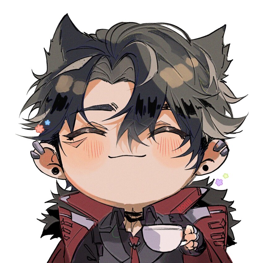 1boy, ^_^, absurdres, animal_ears, black_choker, black_gloves, black_hair, blush