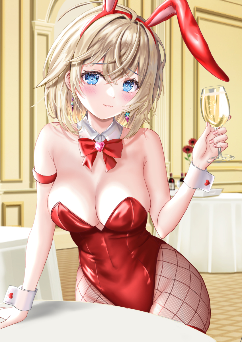 1girl, animal_ears, blonde_hair, blue_eyes, bow, bowtie, breasts, cleavage