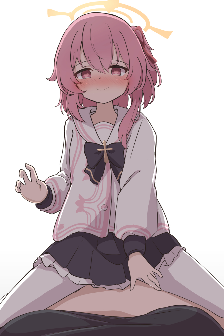 1girl, 1other, black_bow, black_skirt, blue_archive, blush, bow, closed_mouth, girl_on_top, hair_between_eyes, halo, heart, heart-shaped_pupils, highres, k_knakomochi008, long_hair, long_sleeves, one_side_up, pantyhose, pink_eyes, pink_hair, pleated_skirt, serina_(blue_archive), simple_background, skirt, symbol-shaped_pupils, white_background, white_pantyhose, yellow_halo