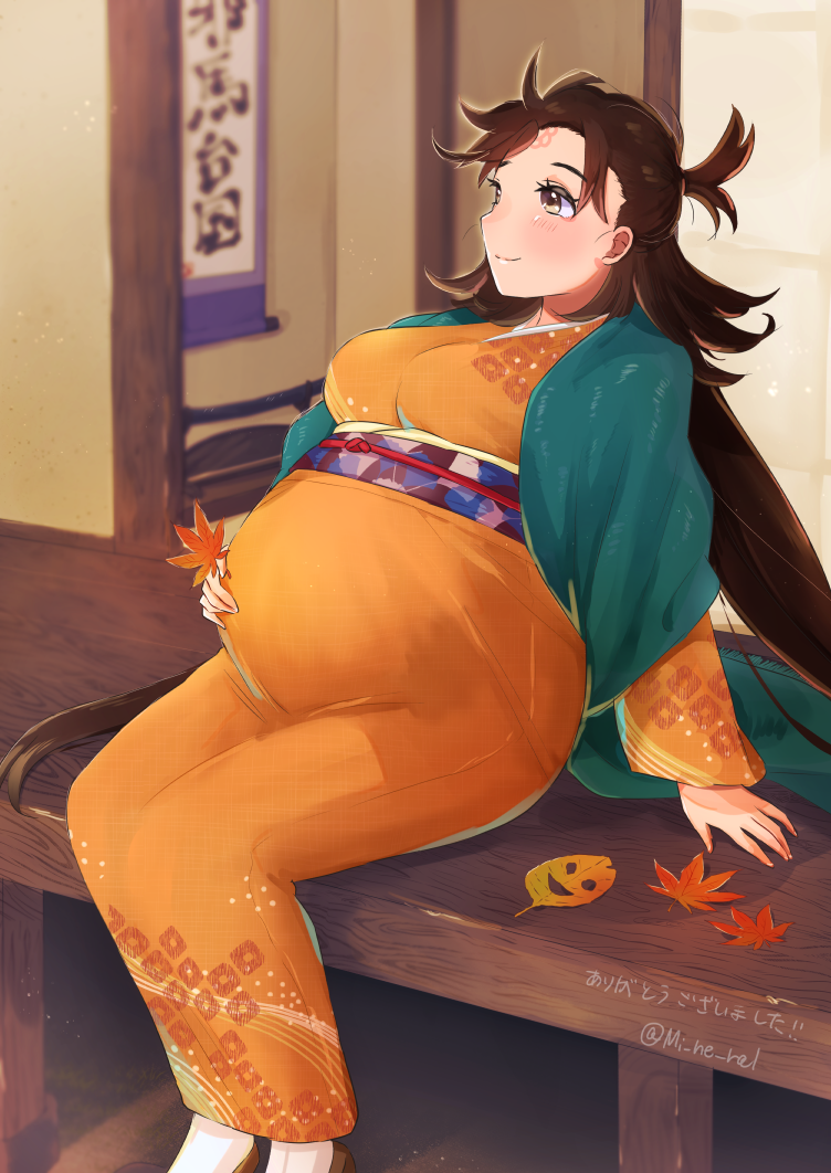 1girl, @mi_ne_ral, breasts, fate/grand_order, fate_(series), himiko_(fate), japanese_clothes, kimono, leaf, pregnant, sitting, yukata