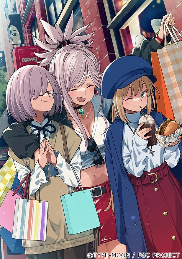 artoria_caster_(fate), artoria_caster_(lawson)_(fate), artoria_pendragon_(fate), belt, beret, blonde_hair, blue_headwear, breasts, brown_dress, burger, buttons, city, closed_eyes, closed_mouth, cola, dress, elbow_carry, fate/grand_order, fate_(series), food, glasses, green_eyes, hat, imigimuru, jacket, long_sleeves, mash_kyrielight, mash_kyrielight_(lawson_2023), miyamoto_musashi_(fate), miyamoto_musashi_(lawson_2023)_(fate), one_eye_closed, pantyhose, pink_hair, red_belt, red_skirt, shopping, skirt, small_breasts, sunglasses, sweater, white_sweater