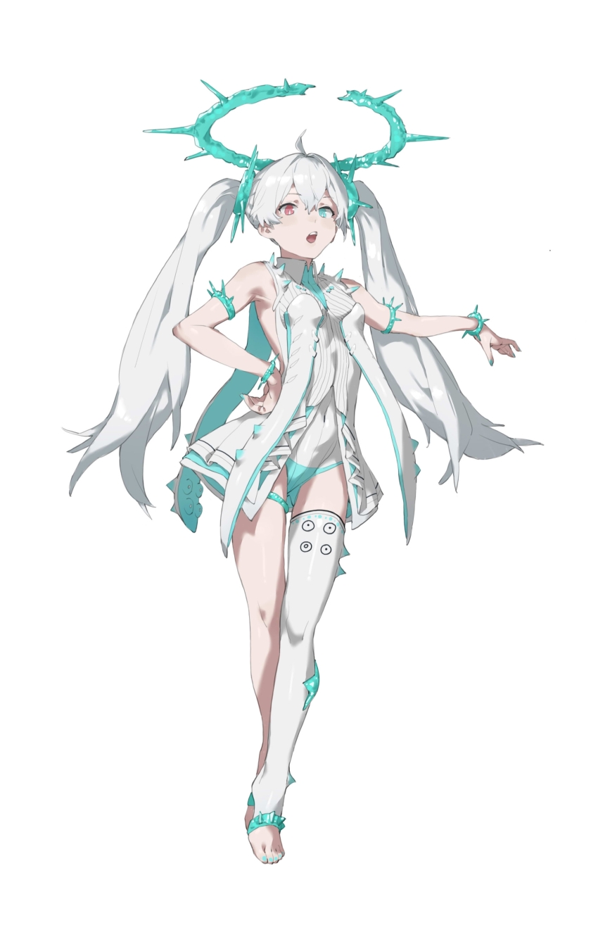 1girl, absurdres, ahoge, aqua_nails, armband, armpits, asymmetrical_legwear, bare_arms