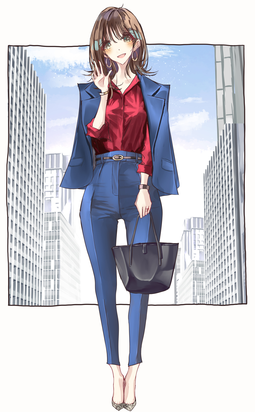 1girl, absurdres, bag, belt, black_bag, blue_jacket, blue_pants, border