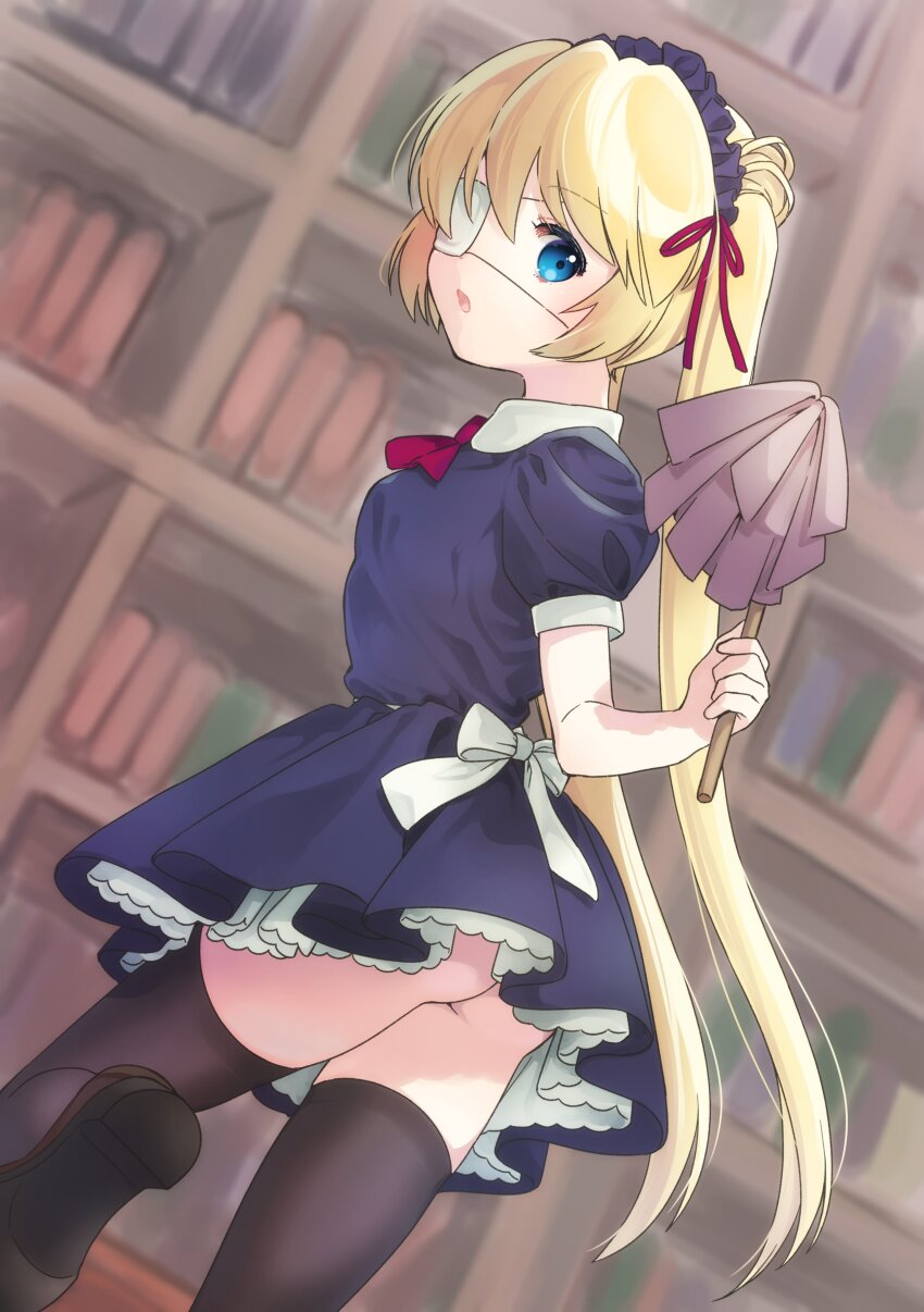 1girl, absurdres, alternate_costume, ass, black_dress, black_headdress, black_thighhighs, blonde_hair, blue_eyes, bookshelf, bow, breasts, brown_footwear, commentary, dress, duster, dutch_angle, enmaided, eyelashes, eyepatch, feather_duster, frilled_dress, frills, from_behind, hair_between_eyes, hair_ribbon, highres, holding, holding_duster, indoors, long_hair, looking_at_viewer, looking_back, maid, maid_headdress, may_salamanya, nakatsu_shizuru, neck_ribbon, one_eye_covered, open_mouth, puffy_short_sleeves, puffy_sleeves, red_ribbon, rewrite, ribbon, short_dress, short_sleeves, small_breasts, solo, standing, standing_on_one_leg, straight_hair, thighhighs, thighs, twintails, very_long_hair, white_bow