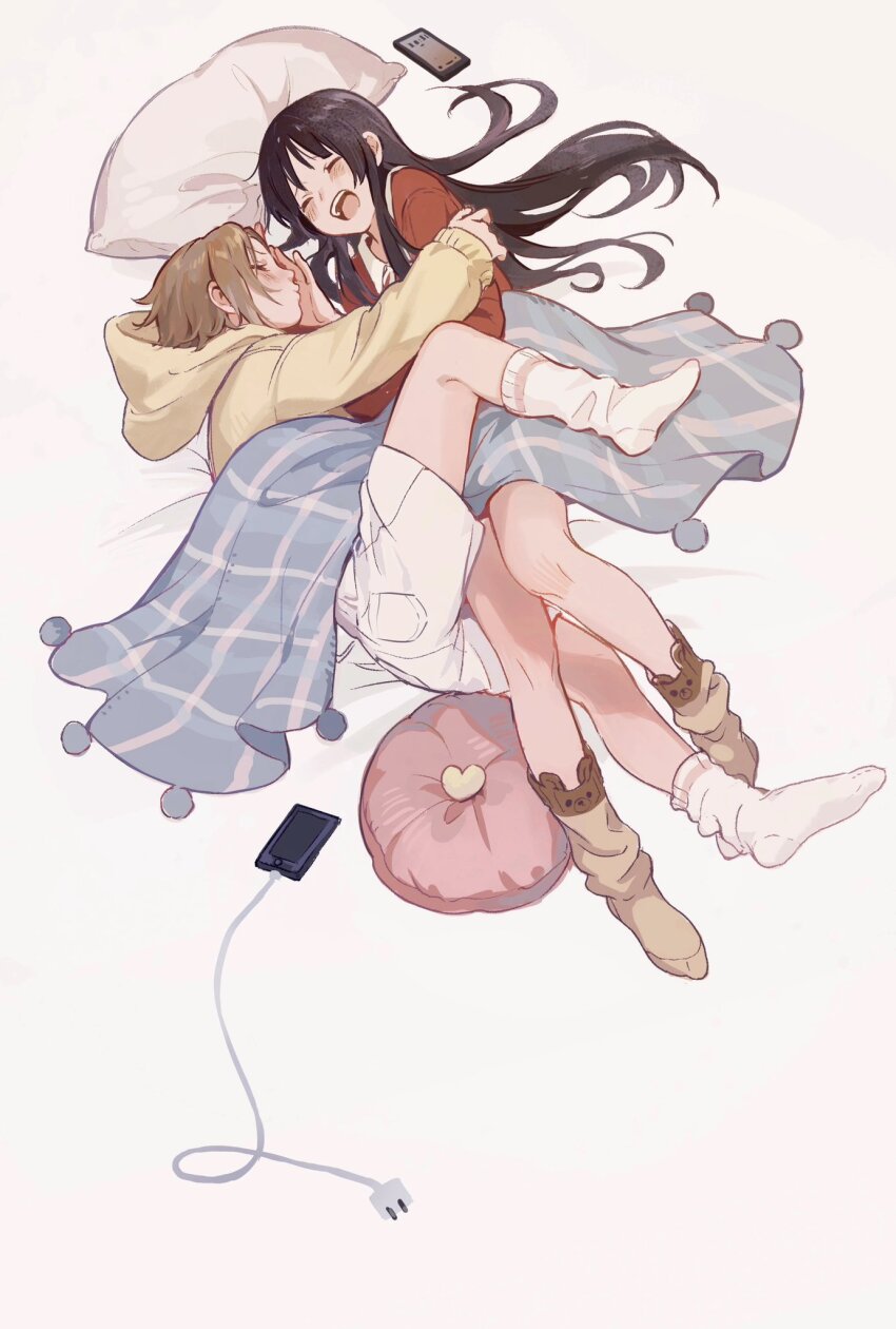 2girls, akiyama_mio, black_hair, brown_hair, brown_socks, cellphone, closed_eyes, commentary_request, couple, electric_plug, full_body, highres, hood, hoodie, hug, k-on!, long_hair, lying, messy_sleeper, multiple_girls, on_back, on_side, open_mouth, phone, pillow, pocket, red_shirt, sann_mingg, shared_blanket, shirt, short_hair, shorts, sleeping, smartphone, socks, tainaka_ritsu, teeth, under_covers, upper_teeth_only, white_shorts, white_socks, yellow_hoodie, yuri