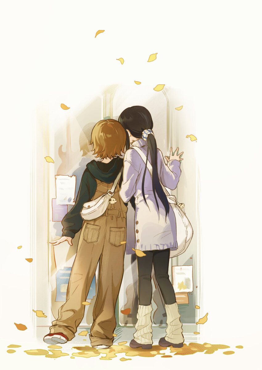 2girls, akiyama_mio, bag, black_hair, black_hoodie, black_pants, brown_footwear, brown_hair