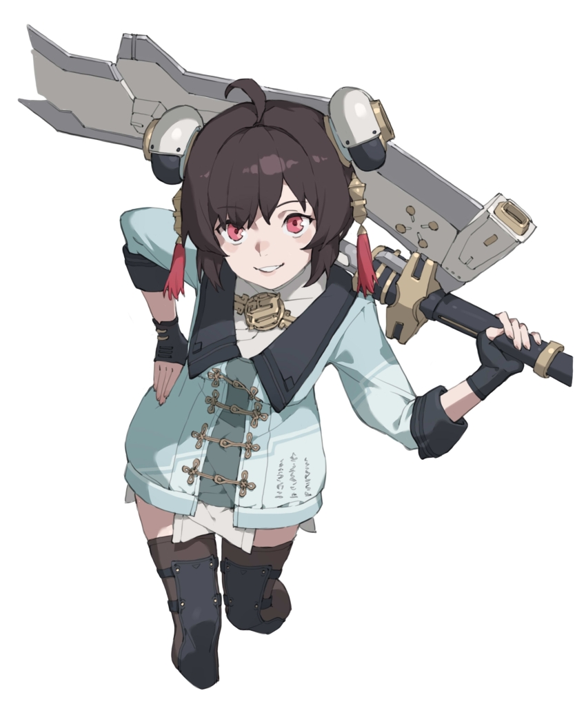 1girl, absurdres, ahoge, aqua_coat, brown_hair, chinese_knot, coat, cropped_legs, feet_out_of_frame, fingerless_gloves, gloves, greatsword, hair_ornament, hairpods, hand_on_own_hip, highres, holding, holding_weapon, knee_pads, lapels, looking_at_viewer, nainainainainaiya, over_shoulder, parted_lips, petite, pulao:_dragontoll_(dragonwood)_(pgr), pulao:_dragontoll_(dragonwood)_(punishing:_gray_raven), pulao_(pgr), punishing:_gray_raven, red_eyes, short_hair, simple_background, sleeves_rolled_up, solo, swept_bangs, sword, tassel, tassel_hair_ornament, thighhighs, weapon, weapon_over_shoulder, white_background, zettai_ryouiki