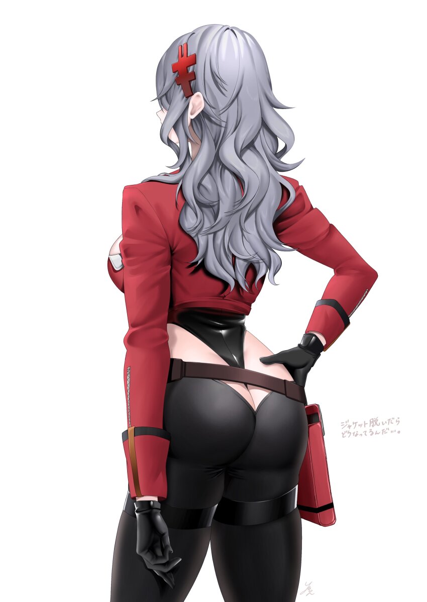 1girl, absurdres, ass, black_gloves, black_leotard, breasts, chaps, cropped_jacket, from_behind, gloves, goddess_of_victory:_nikke, grey_hair, hair_ornament, hairclip, hand_on_own_hip, highleg, highleg_leotard, highres, jacket, large_breasts, leotard, long_hair, messy_hair, pouch, red_jacket, simple_background, solo, thigh_pouch, white_background, ymr_yamero, yulha_(nikke)
