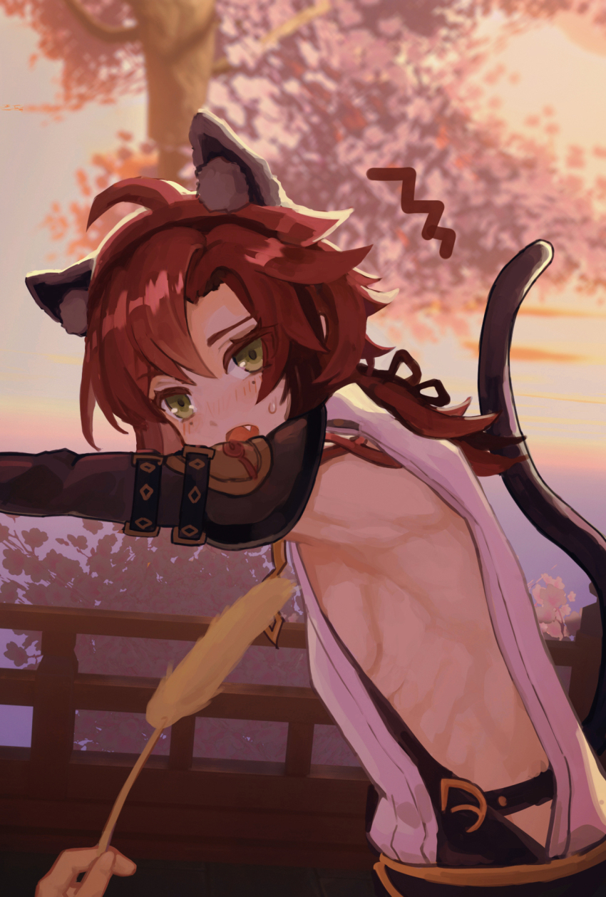 1boy, animal_ears, armor, balcony, black_gloves, black_hairband, blush, cat_ears