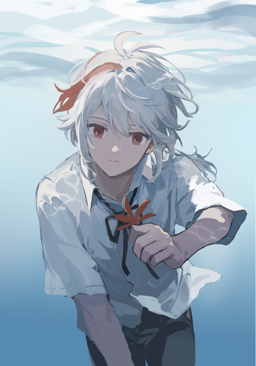 1boy, absurdres, antenna_hair, black_pants, black_ribbon, genshin_impact, highres, holding