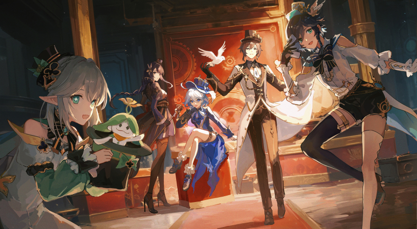 3girls, adapted_costume, ahoge, aranara_(genshin_impact), ascot, asymmetrical_legwear, bird, black_hair