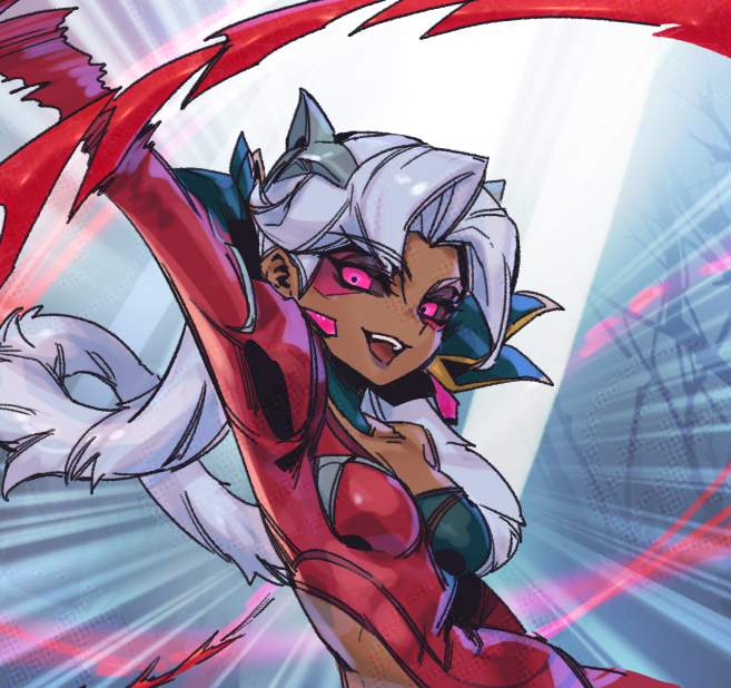 1girl, :d, arm_up, black_sclera, bodysuit, breasts, colored_sclera, coven_nilah