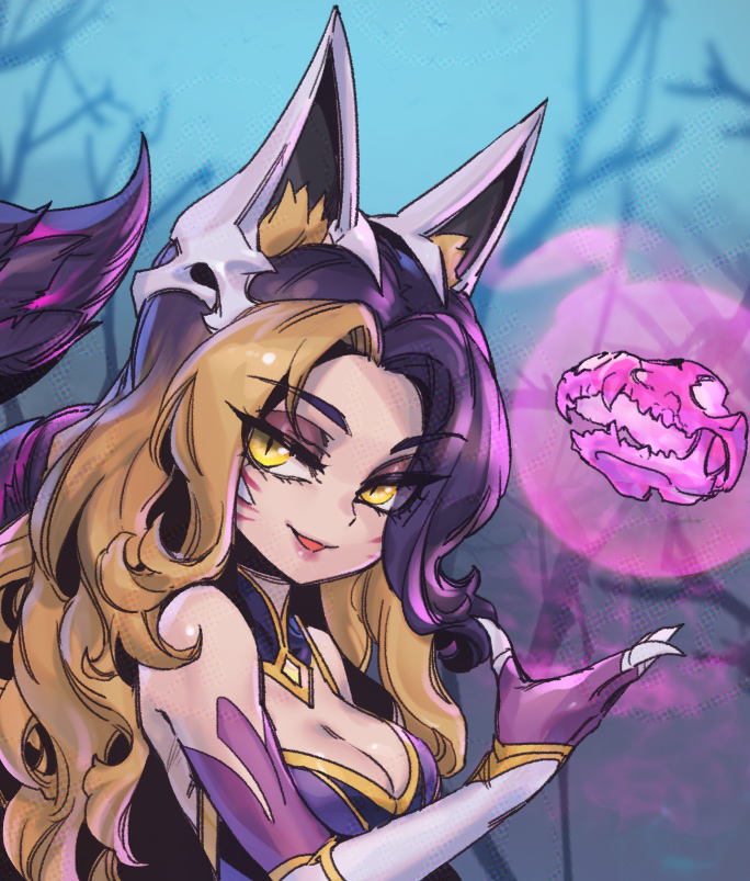 1girl, :d, ahri_(league_of_legends), animal_ear_fluff, bare_shoulders, black_hair, blonde_hair, breasts