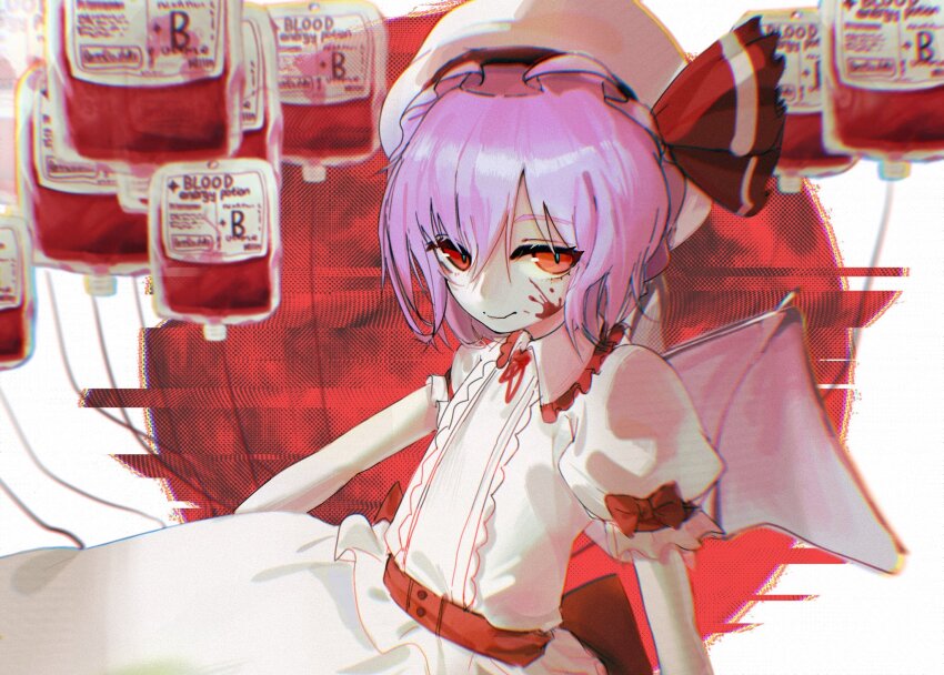 1girl, back_bow, bat_wings, blood, blood_bag, blood_on_face, bow, center_frills, chromatic_aberration, closed_mouth, collared_shirt, cowboy_shot, english_text, frilled_shirt_collar, frilled_sleeves, frills, hat, hat_ribbon, highres, large_bow, linqiankira, looking_at_viewer, medium_hair, mob_cap, neck_ribbon, pink_hair, puffy_short_sleeves, puffy_sleeves, red_background, red_bow, red_eyes, red_ribbon, remilia_scarlet, ribbon, shirt, short_sleeves, skirt, sleeve_bow, solo, touhou, white_hat, white_shirt, white_skirt, wings