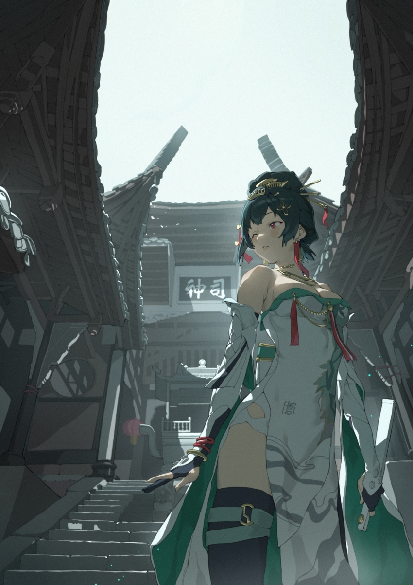 1girl, absurdres, architecture, armpit_crease, bare_shoulders, black_thighhighs, bracelet, breasts