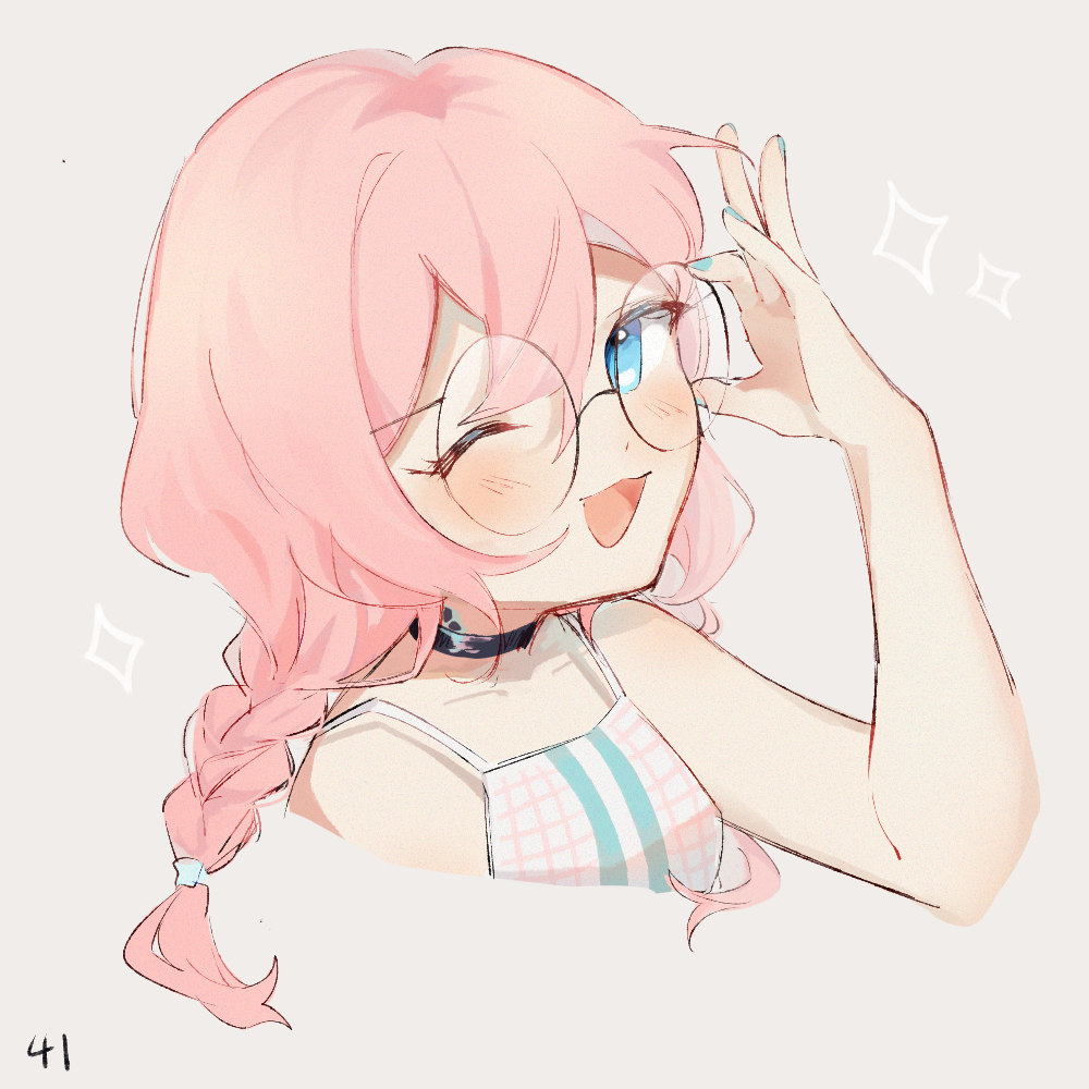 1girl, :3, ;d, adjusting_eyewear, arknights, bare_shoulders, black_choker, blue_eyes