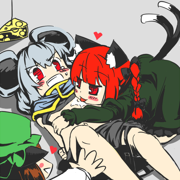 3girls, braid, cheese, chen, female_focus, food, gojuuroku, isoroku_(gojuuroku), kaenbyou_rin, licking, multiple_girls, nazrin, touhou, yuri