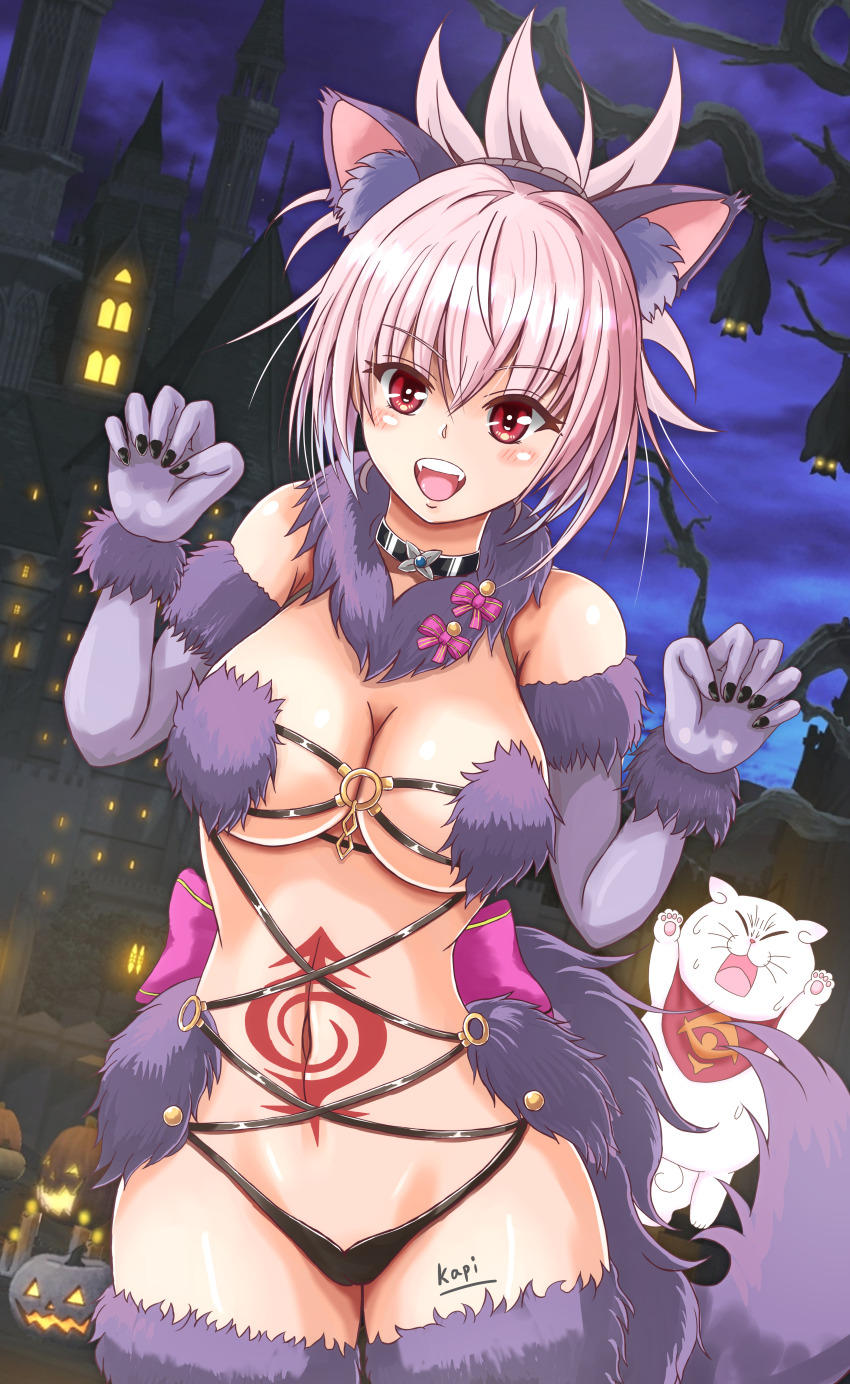1girl, absurdres, ayakashi_triangle, big_kapipara, breasts, cat, cleavage, cosplay, fate/grand_order, fate_(series), genderswap, genderswap_(mtf), hair_between_eyes, hair_ornament, halloween, highres, kazamaki_matsuri, kazamaki_matsuri_(female), mash_kyrielight, mash_kyrielight_(dangerous_beast), mash_kyrielight_(dangerous_beast)_(cosplay), open_mouth, pinwheel, pinwheel_hair_ornament, red_eyes, revealing_clothes, shirogane_(ayatora)
