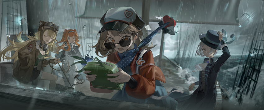 1boy, 4girls, absurdres, apple, apple_(reverse:1999), ascot, aviator_cap, black_coat