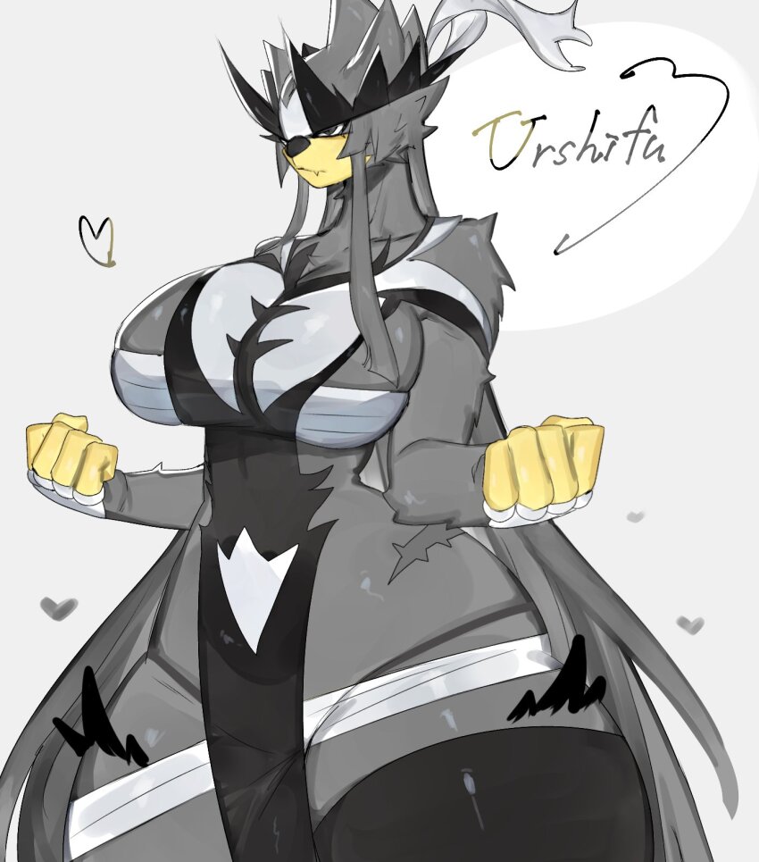 1girl, asymmetrical_legwear, bandages, bare_hips, bare_shoulders, bear_girl, black_eyes, black_thighhighs, breasts, fighting_stance, furry, furry_female, gen_8_pokemon, grey_fur, grey_hair, highres, huge_breasts, legendary_pokemon, long_hair, nintendo, pokemon, pokemon_(creature), sarashi, thick_thighs, thighhighs, thighs, togetoge, urshifu, urshifu_(single), very_long_hair, wide_hips