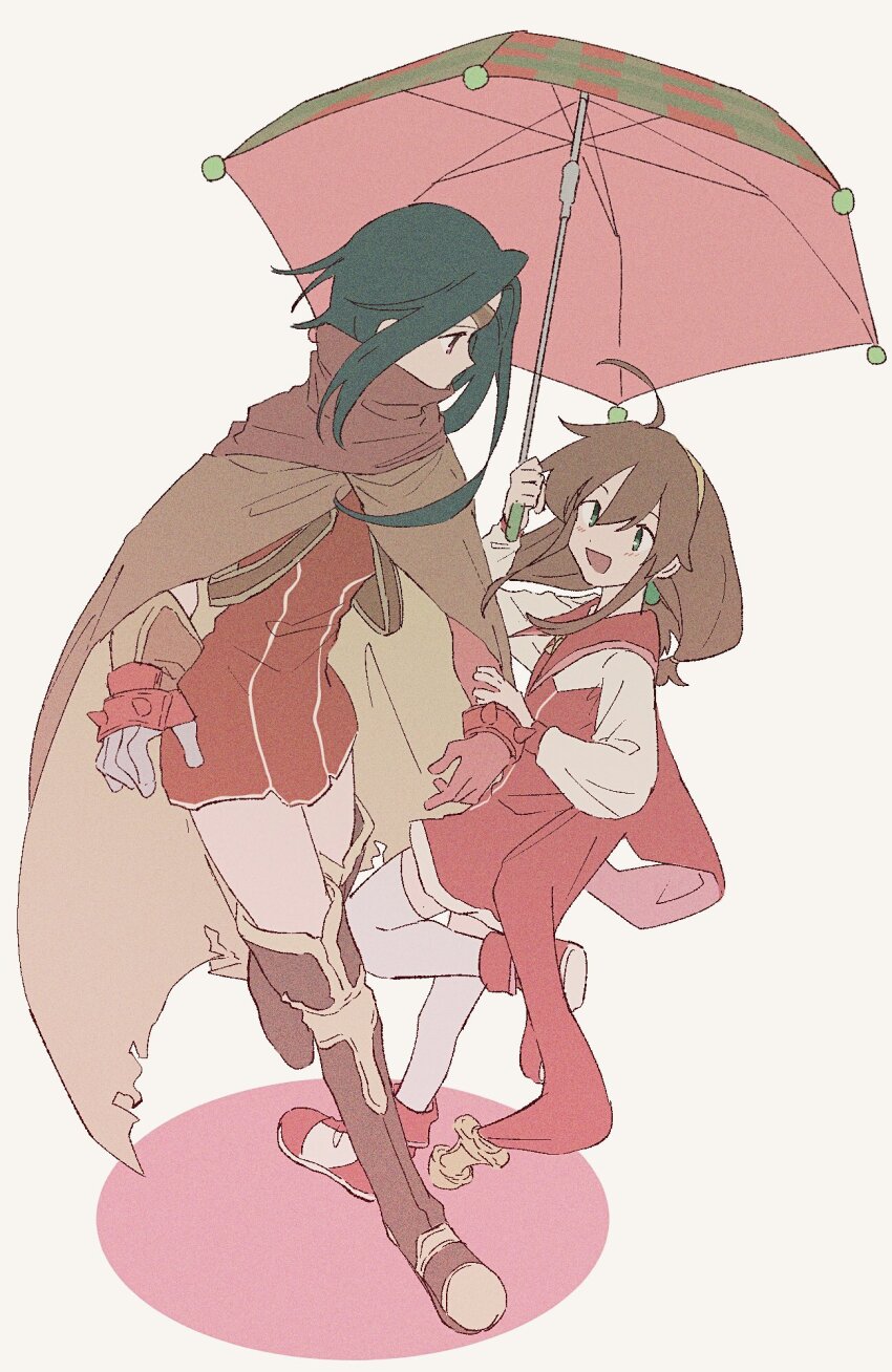 2girls, ahoge, brown_hair, cape, coat, dress, foot_out_of_frame, full_body