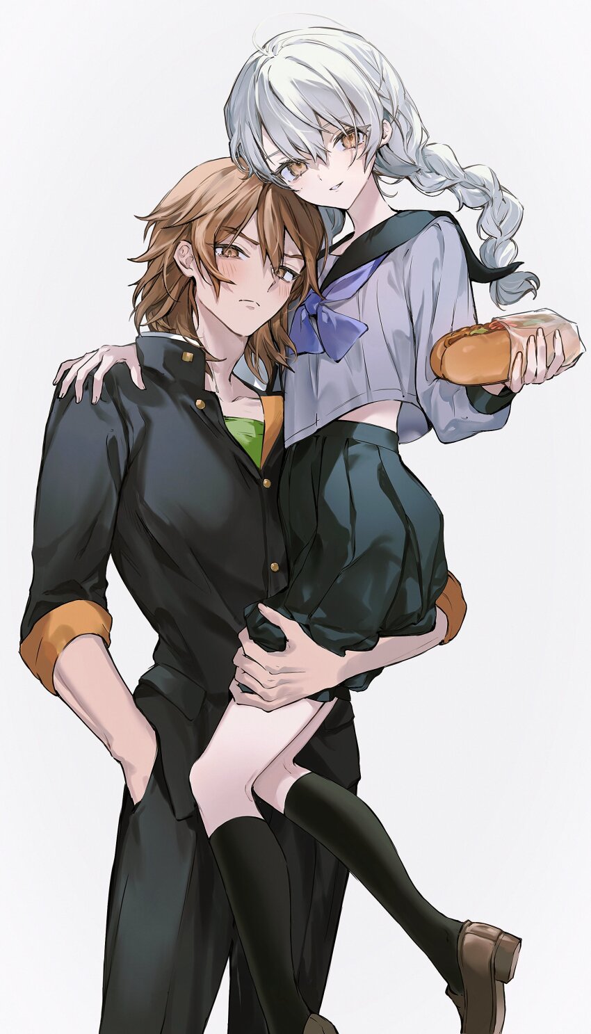 2boys, absurdres, black_skirt, black_socks, blush, braid, brown_eyes, brown_hair