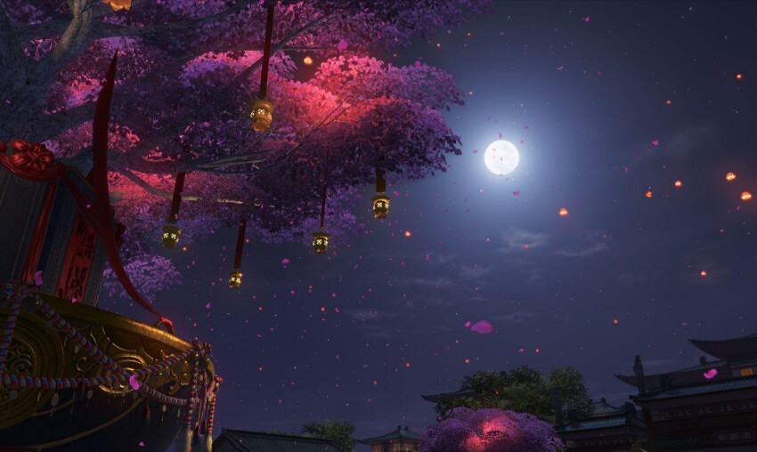 architecture, cherry_blossoms, cloud, east_asian_architecture, full_moon, highres, hy_vong_(phong_canh), lantern