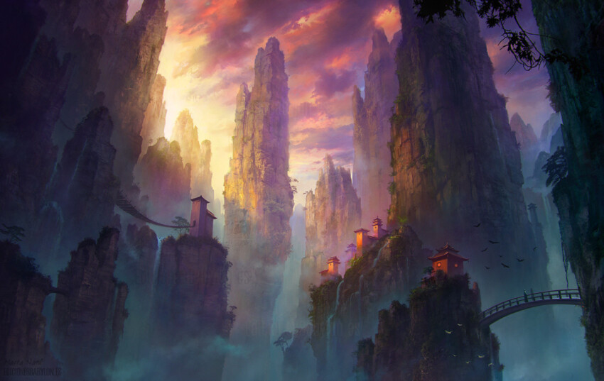 architecture, bird, bridge, cloud, east_asian_architecture, evening, fog, hy_vong_(phong_canh)