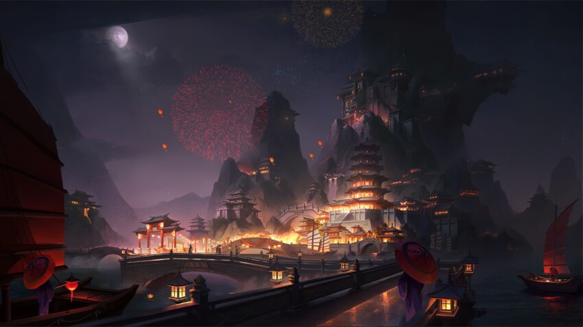 aerial_fireworks, architecture, boat, cloud, east_asian_architecture, fireworks, full_moon, highres