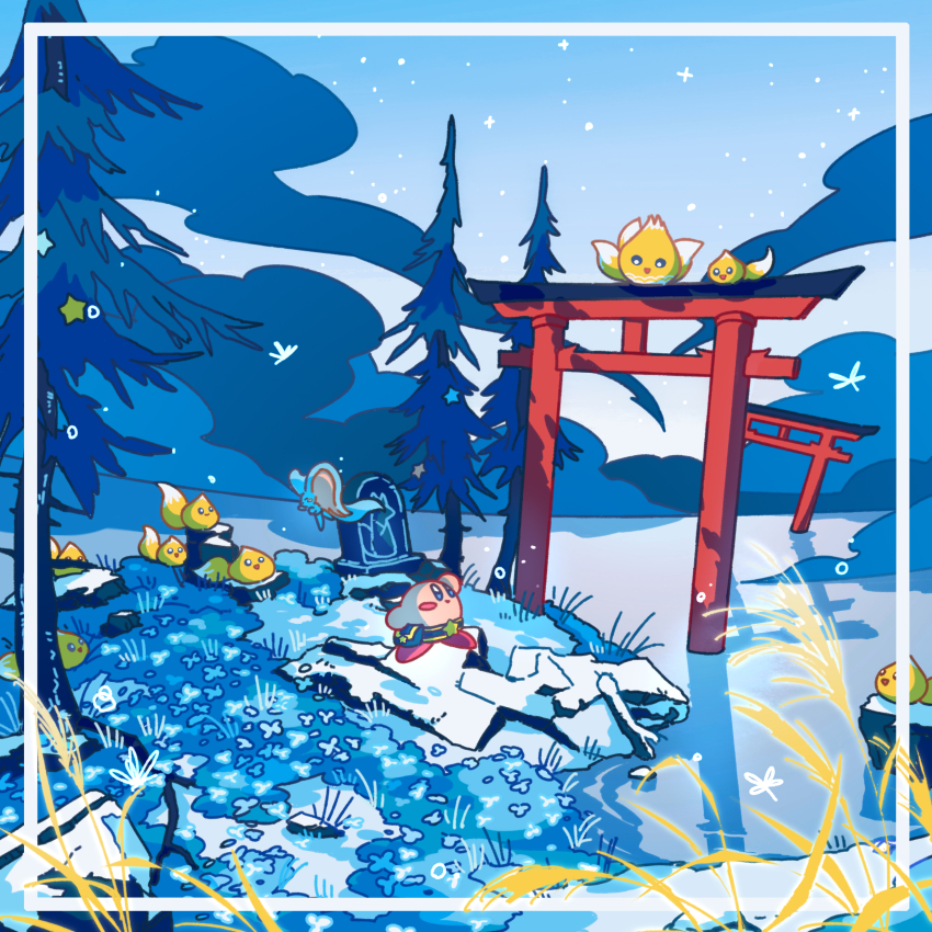 :d, absurdres, arm_up, bag, blue_bag, blue_eyes, blush, blush_stickers, bug, chip_(kirby), chippurus, closed_eyes, cloud, elfilin, glef_life, grass, highres, kirby, kirby_(series), looking_at_another, looking_down, looking_up, night, nintendo, no_humans, open_mouth, outdoors, pine_tree, plant, rock, scenery, sky, smile, star_(sky), star_(symbol), starry_sky, torii, tree, water