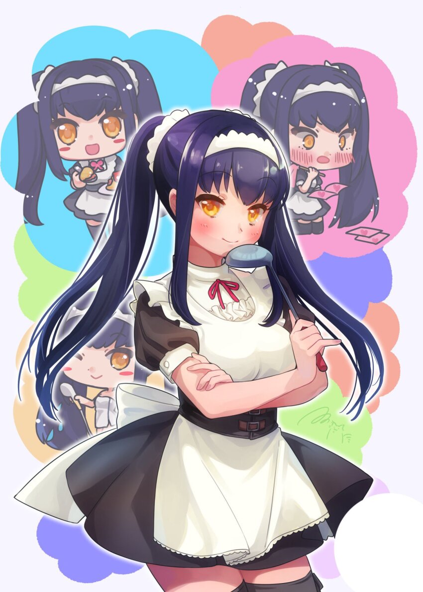 1girl, 2021, :d, ;>, apron, black_dress, black_hair, black_thighhighs