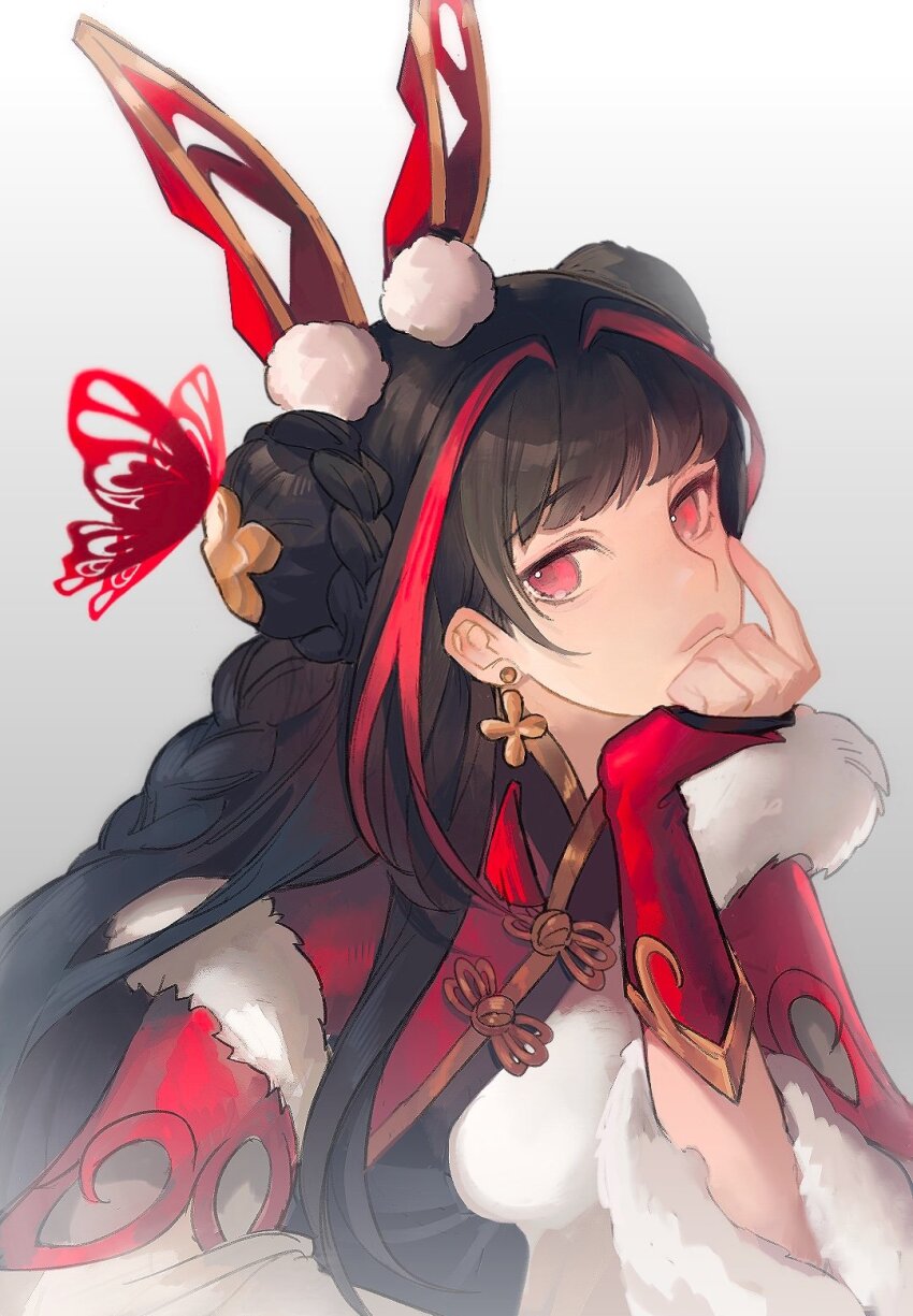 1girl, black_dress, black_hair, china_dress, chinese_clothes, closed_mouth, detached_sleeves, double_bun, dress, earrings, fiiiiiiisher7, fur-trimmed_dress, fur_trim, gwen_(league_of_legends), hair_bun, highres, jewelry, league_of_legends, league_of_legends:_wild_rift, long_hair, looking_at_viewer, multicolored_hair, mythmaker_gwen, official_alternate_hair_color, red_dress, red_eyes, red_hair, solo, streaked_hair, two-tone_dress, two-tone_hair