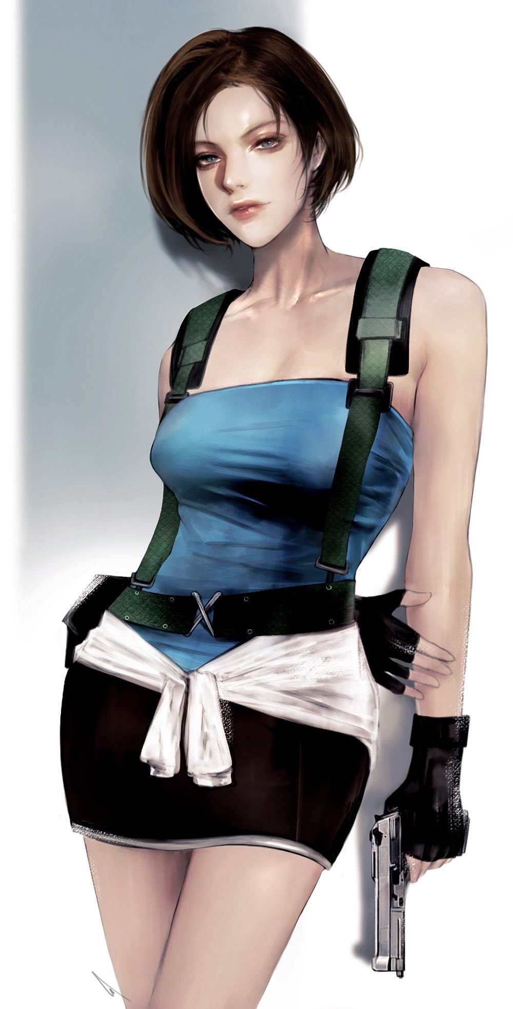 1girl, bare_shoulders, blue_eyes, breasts, brown_hair, clothes_around_waist, fingerless_gloves, gloves