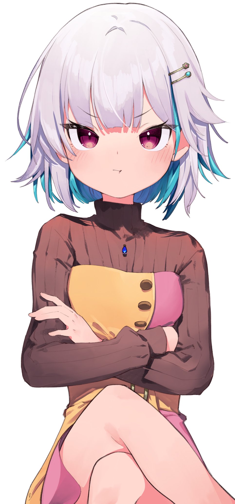1girl, :t, blue_hair, blush, brown_sweater, closed_mouth, colored_inner_hair, crossed_arms