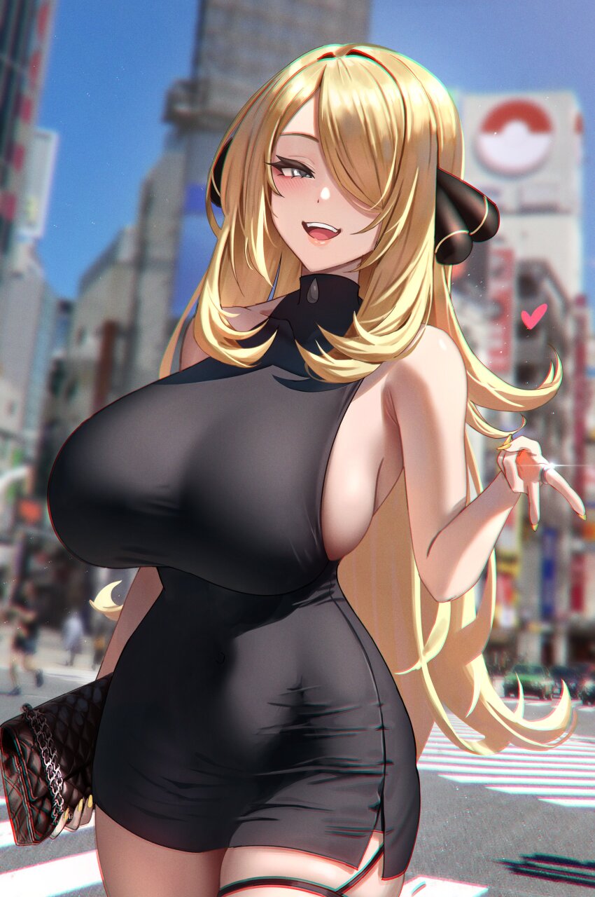 1girl, :d, absurdres, alternate_breast_size_(larger), anima_(togashi), bag, black_dress, blonde_hair