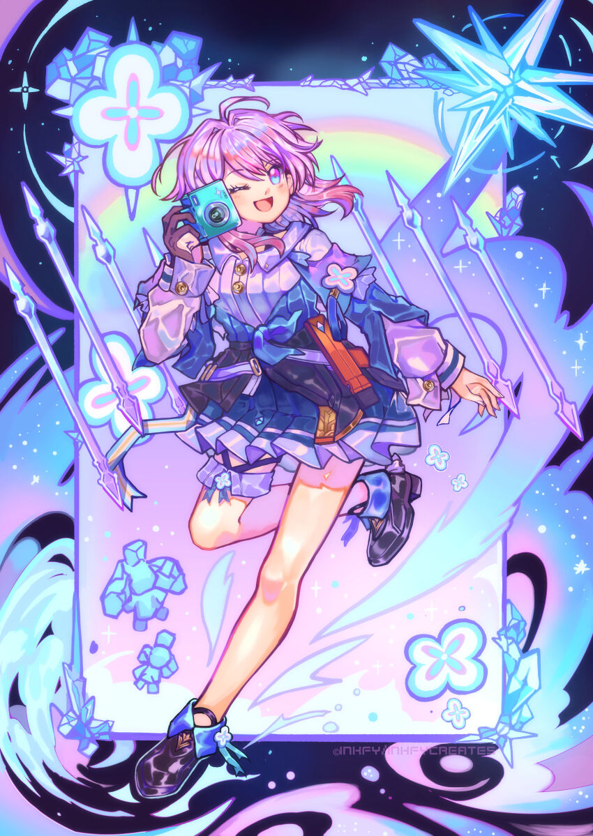 1girl, absurdres, ankle_boots, artist_name, black_boots, black_choker, black_corset, black_gloves