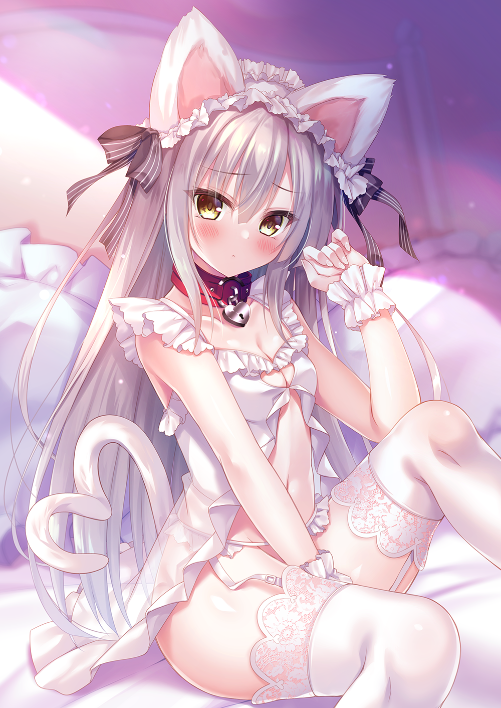 animal_collar, animal_ears, babydoll, blush, breasts, cat_ears, cat_girl, cat_tail